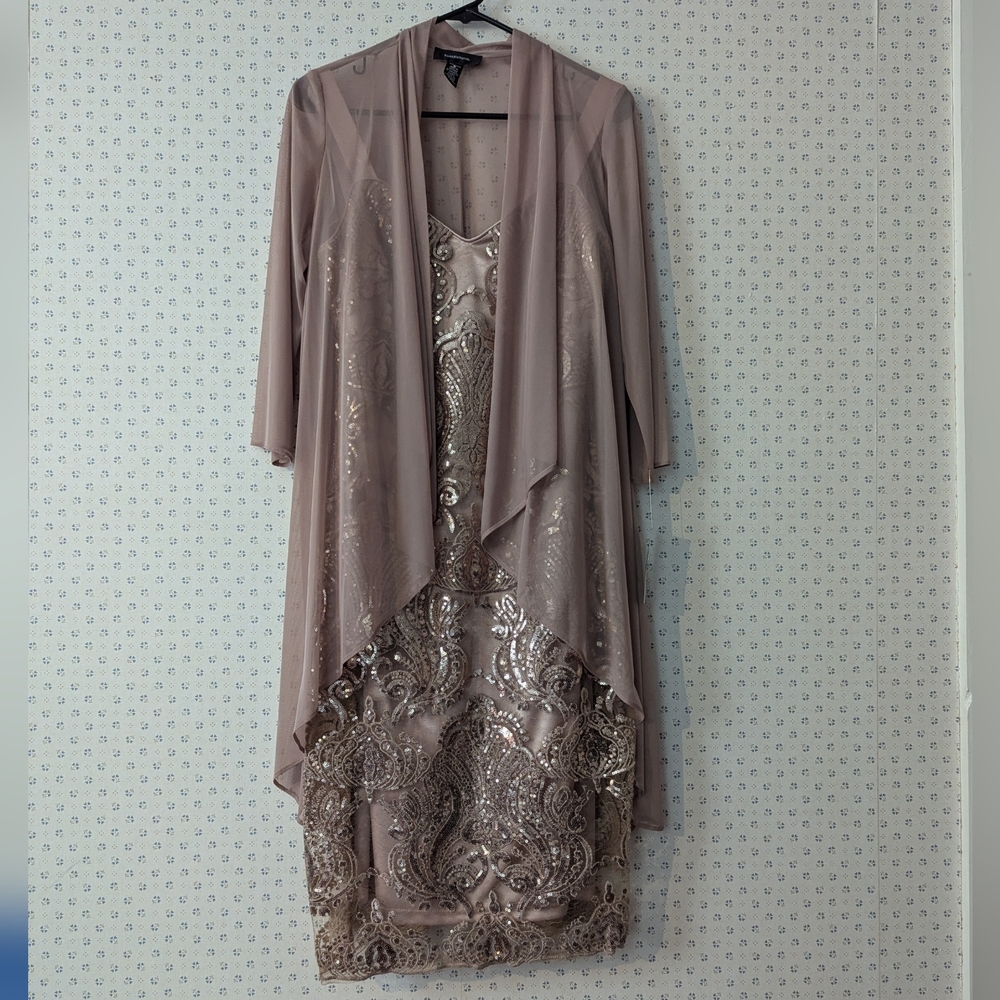 R&M Richards 8 Mocha Elegant Sequin Dress Sheer Overlay Wedding Guest Events